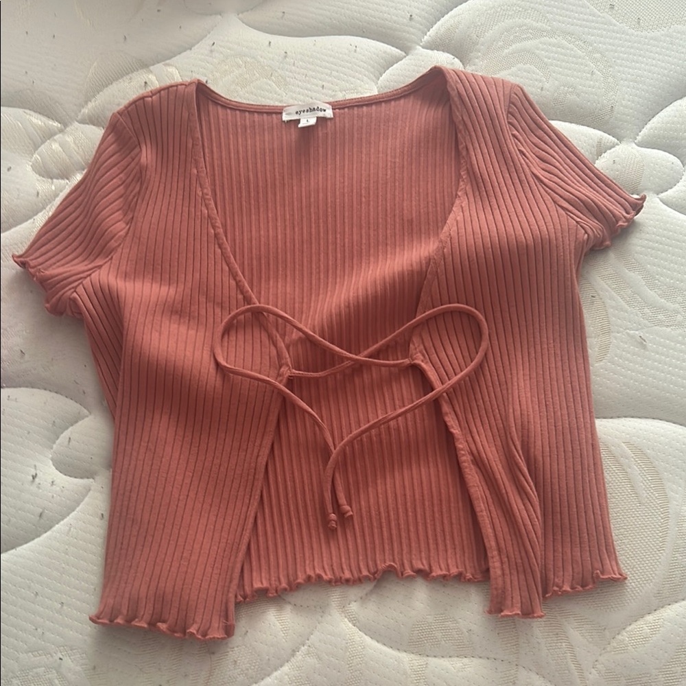 Wild Fable Pink Short Sleeve Crop Blouse with Tie Front and Ribbed Texture